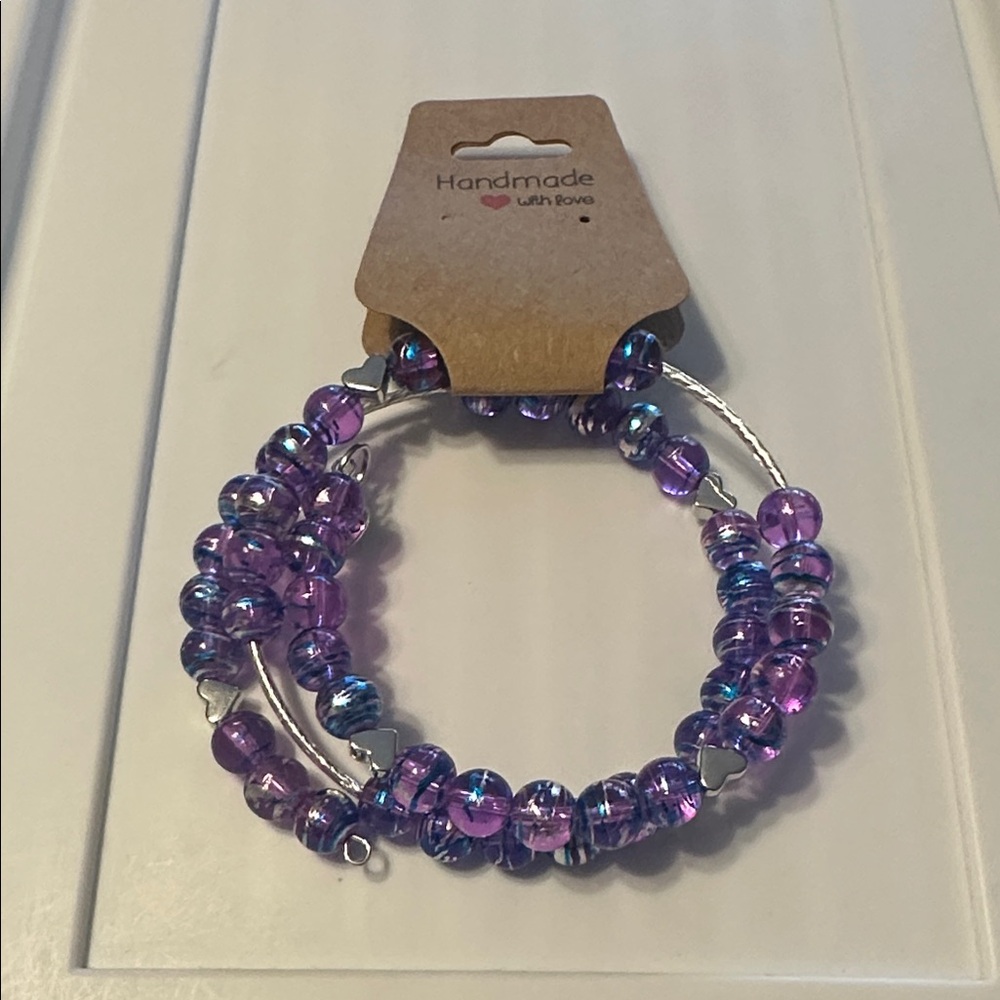 Handmade Memory Wire Purple Beaded Bracelet